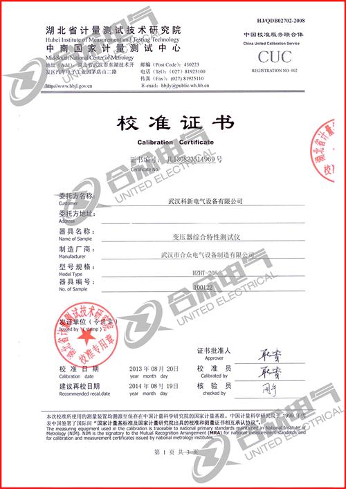 變壓器容量測試儀 證書